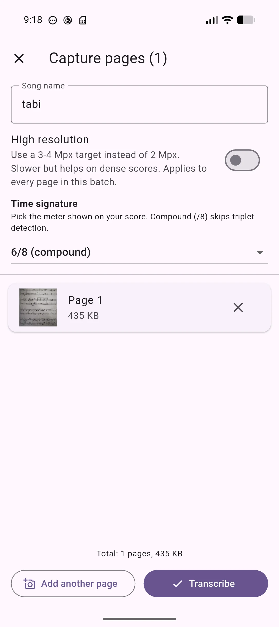 Capture screen importing a photo of sheet music