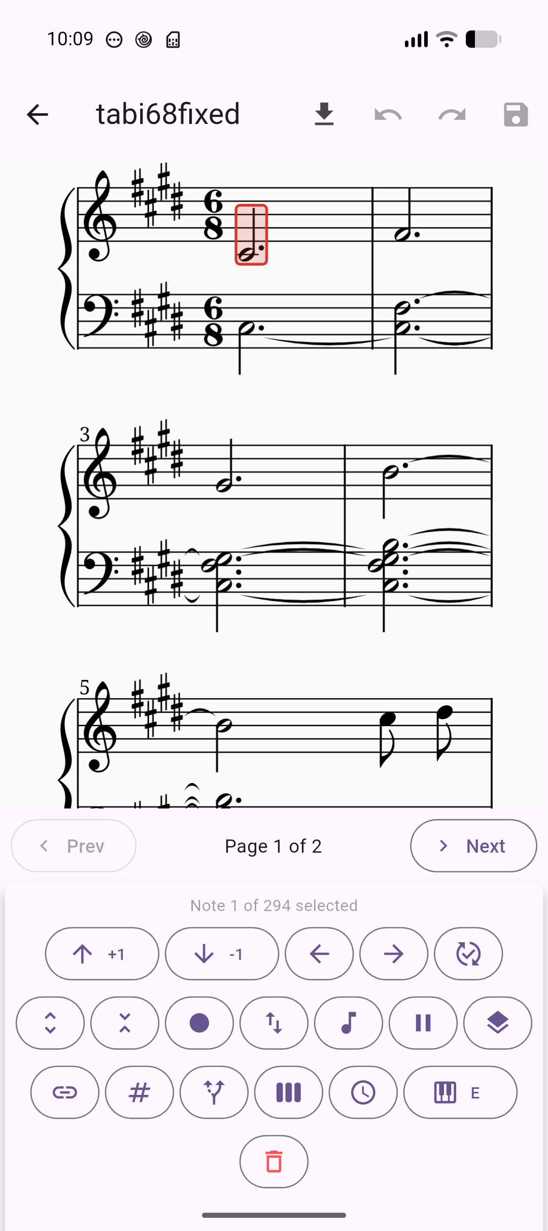 Notation editor showing the recognized score