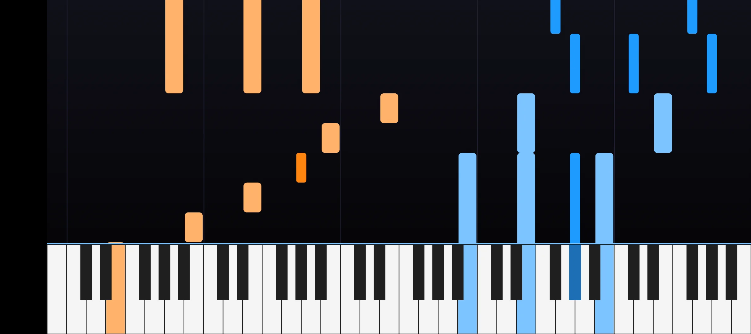 Falling-bars practice view with notes descending onto a piano keyboard